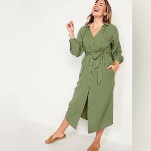 Old Navy Sage Green Long Sleeve Tie Waist Shirt Dress Size 2X